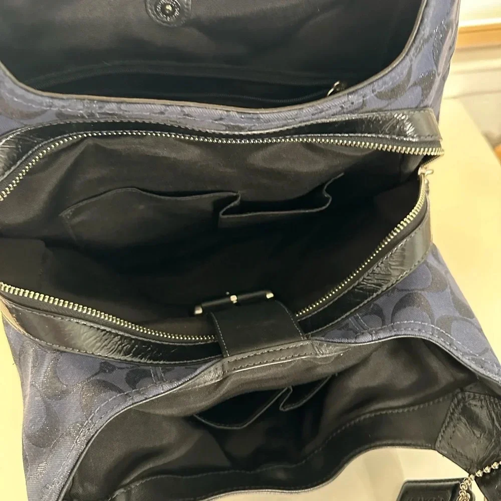 COACH Large Dark Blue Leather Trim Travel Business Functional Shoulder Handbag - Picture 4 of 12